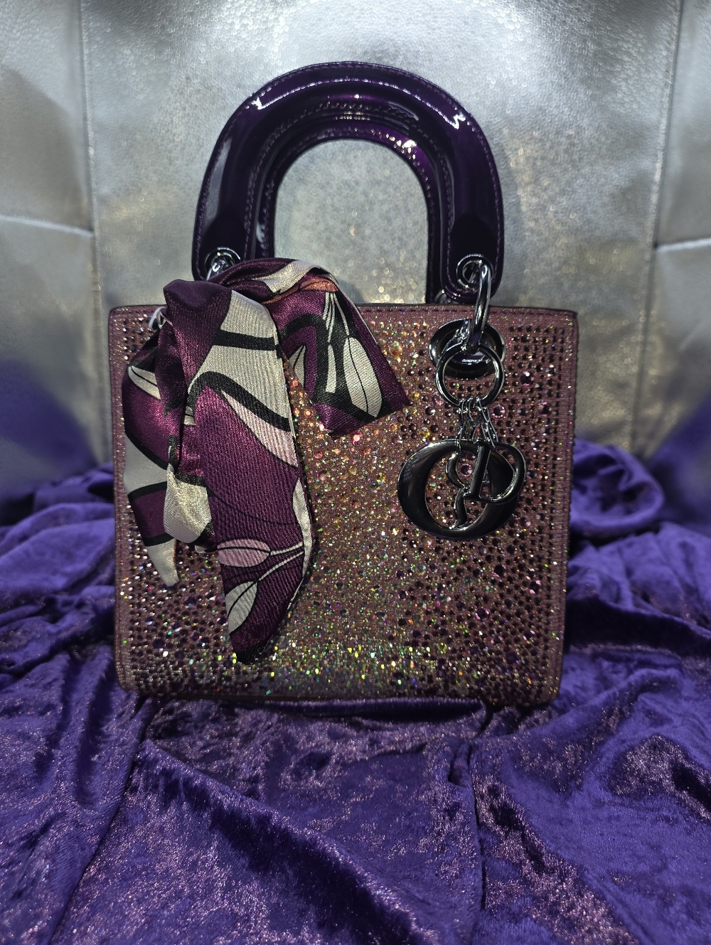 Sparkling Purple Austrian Crystal Satchel with Silver Hardware